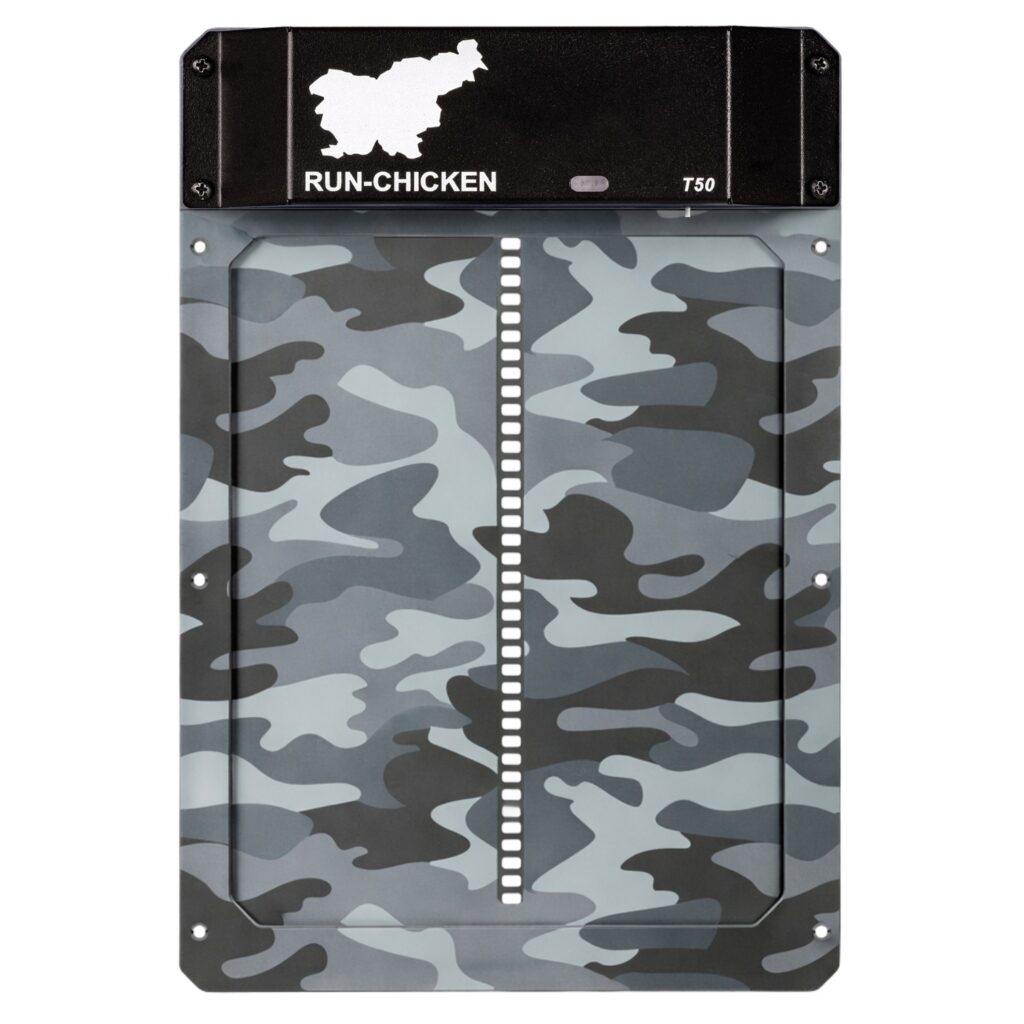 RUN-CHICKEN automatic coop door model T50 in gray camo edition