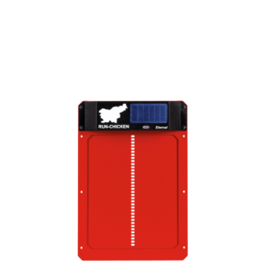 RUN-CHICKEN automatic coop door model Eternal in red color, featuring solar cell