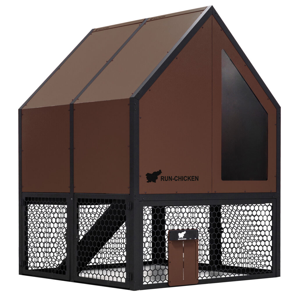 Front view of RUN-CHICKEN Coop 2.0 in brown with black aluminum frame, perforated aluminum mesh run, and integrated automatic chicken door.
