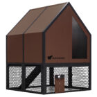 Front view of RUN-CHICKEN Coop 2.0 in brown with black aluminum frame, perforated aluminum mesh run, and integrated automatic chicken door.
