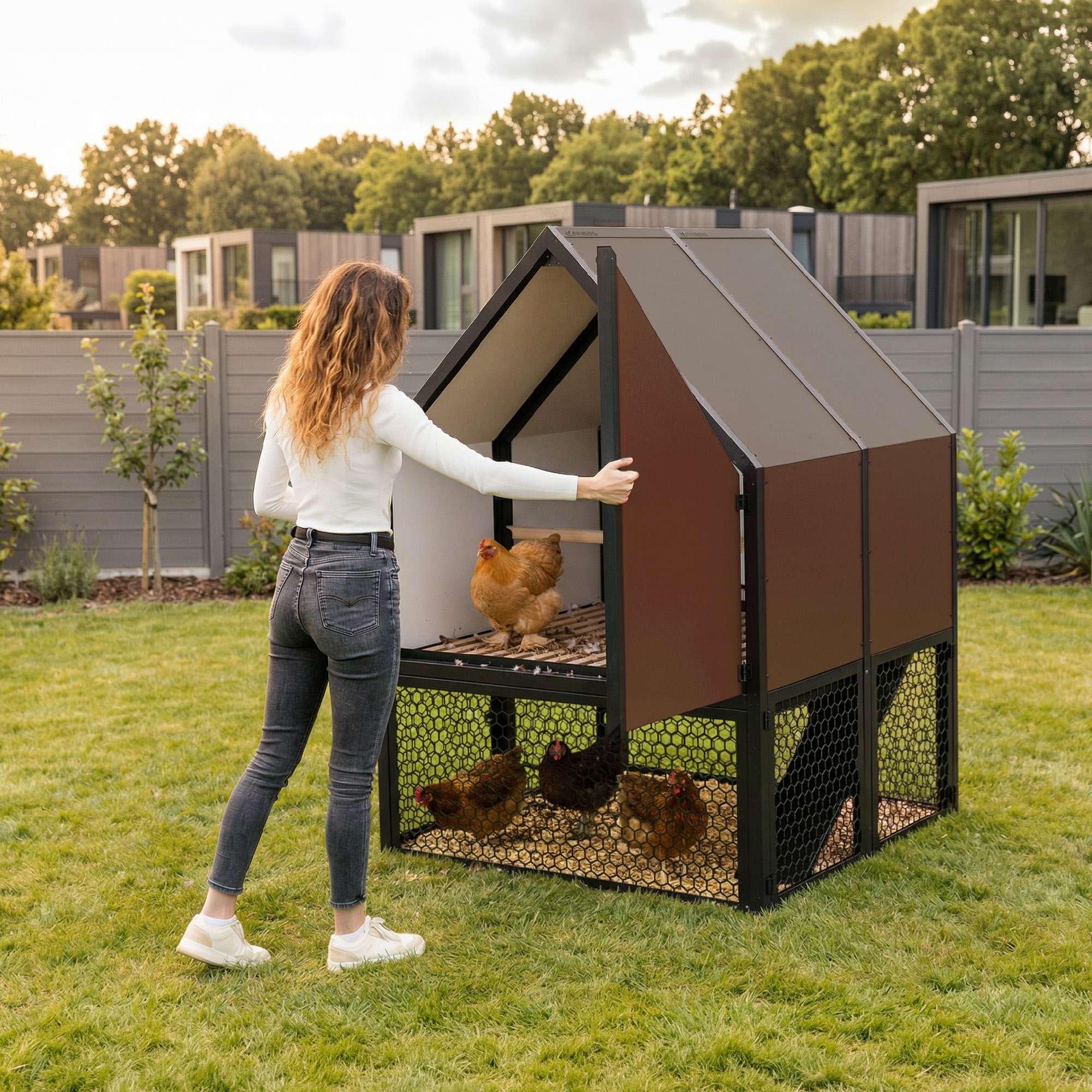 Woman opening the wing access door of the RUN-CHICKEN Coop 2.0 to access the interior of the coop, showing modern, elevated structure, slatted floor, and chickens inside and in the run area under the coop.