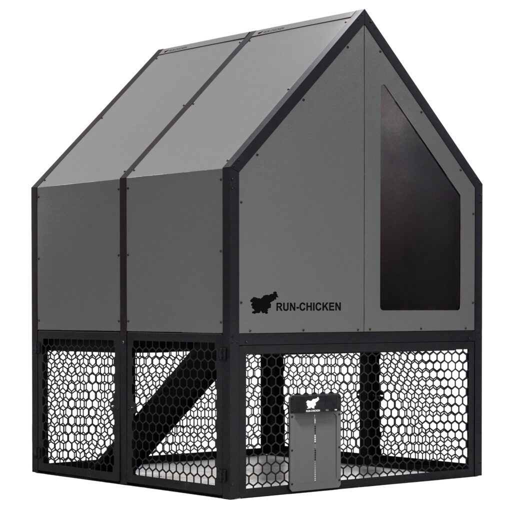 Front view of RUN-CHICKEN Coop 2.0 in gray with black aluminum frame, perforated aluminum mesh run, and integrated automatic chicken door.