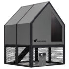 Front view of RUN-CHICKEN Coop 2.0 in gray with black aluminum frame, perforated aluminum mesh run, and integrated automatic chicken door.