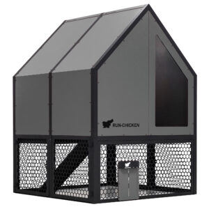 Front view of RUN-CHICKEN Coop 2.0 in gray with black aluminum frame, perforated aluminum mesh run, and integrated automatic chicken door.