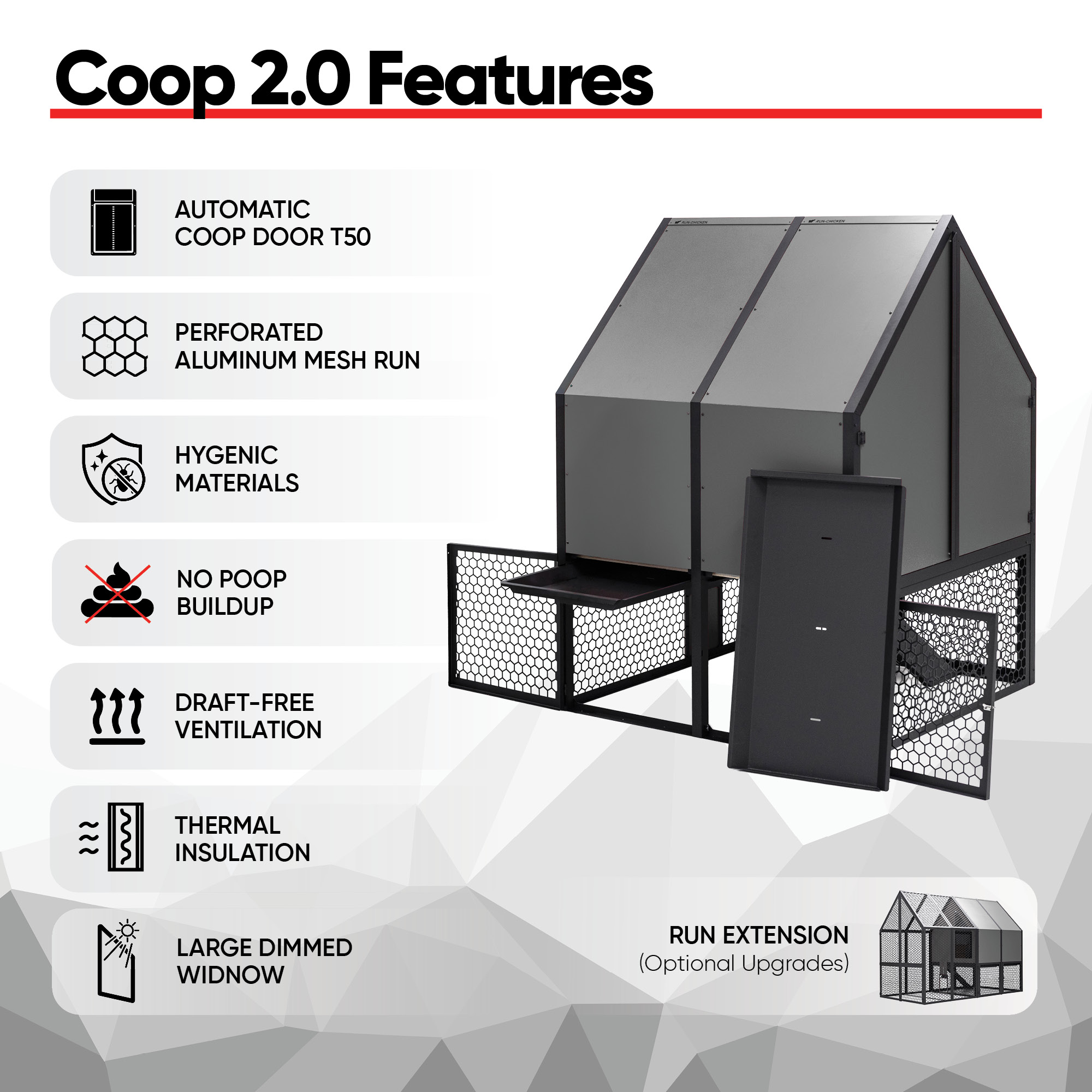 Infographic showing RUN-CHICKEN Coop 2.0 features, including automatic T50 door, perforated aluminum mesh run, hygienic materials, no poop buildup system, draft-free ventilation, thermal insulation, and large dimmed window, with product photo in gray.