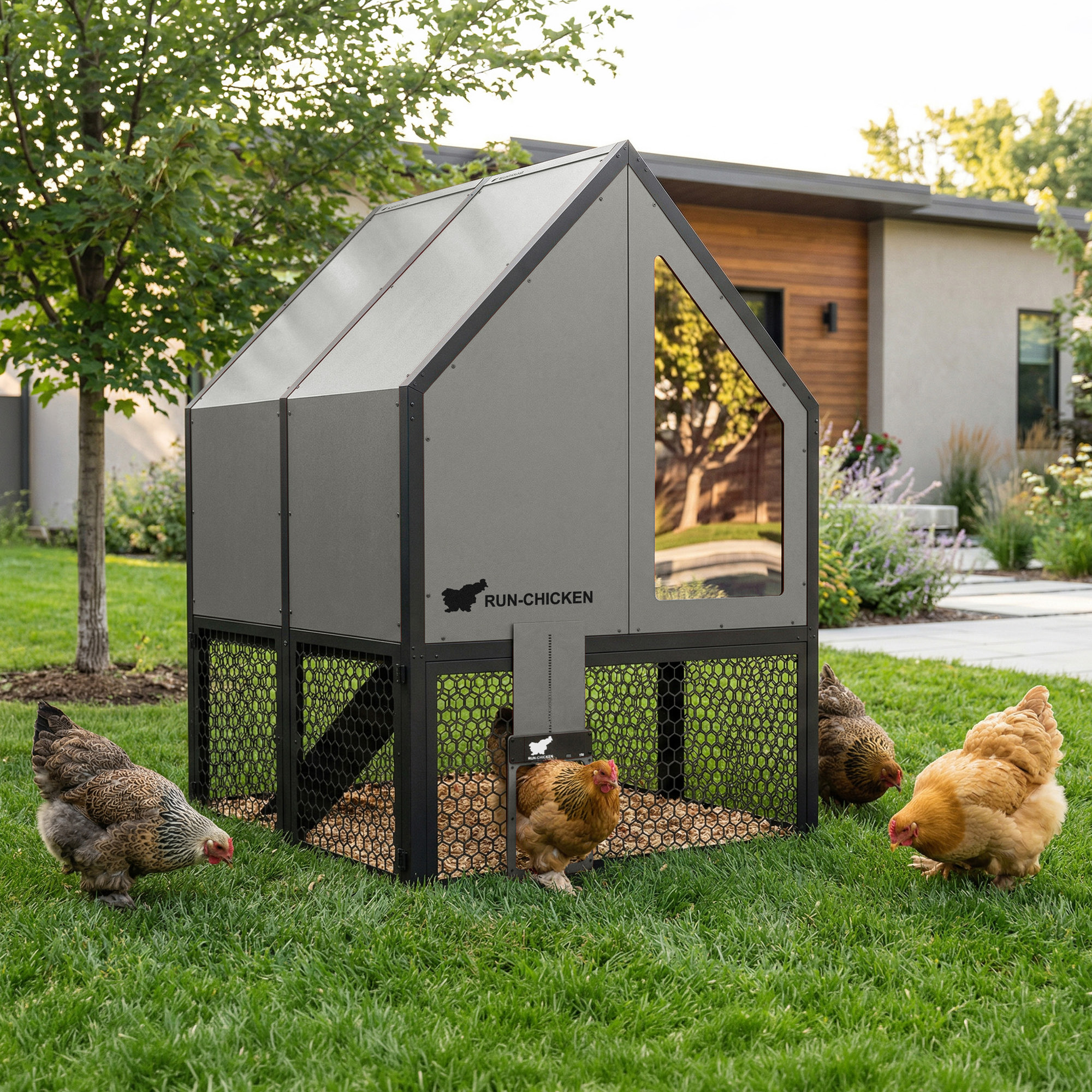 Chickens walking freely around the gray RUN-CHICKEN Coop 2.0 in a landscaped backyard in front of the modern villa, demonstrating easy access and natural movement.