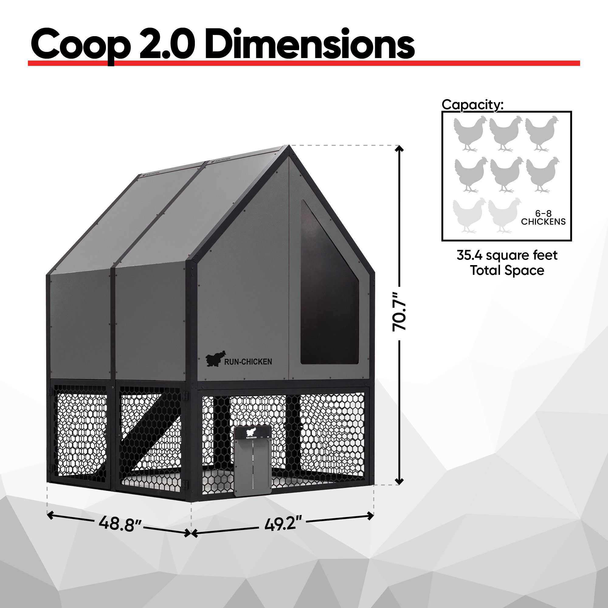 Infographic showing RUN-CHICKEN Coop 2.0 dimensions (70.7” height, 49.2” × 48.8” base) and capacity for 6–8 chickens with total space of 35.4 square feet.