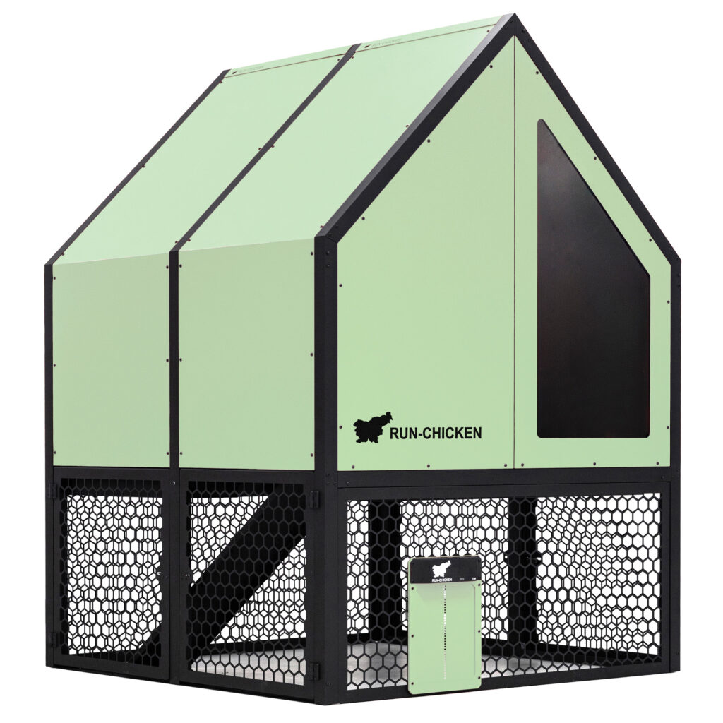 Front view of RUN-CHICKEN Coop 2.0 in mint green with black aluminum frame, perforated aluminum mesh run, and integrated automatic chicken door.