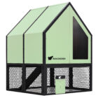 Front view of RUN-CHICKEN Coop 2.0 in mint green with black aluminum frame, perforated aluminum mesh run, and integrated automatic chicken door.