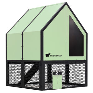 Front view of RUN-CHICKEN Coop 2.0 in mint green with black aluminum frame, perforated aluminum mesh run, and integrated automatic chicken door.