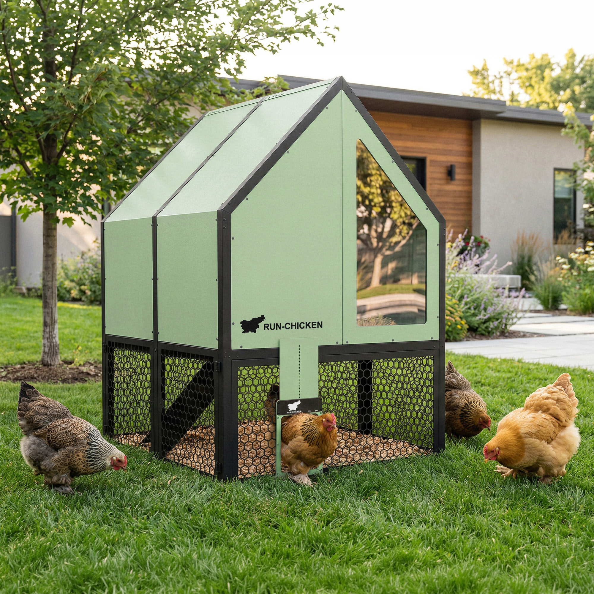 Chickens walking freely around the mint green RUN-CHICKEN Coop 2.0 in a landscaped backyard in front of the modern villa, demonstrating easy access and natural movement.
