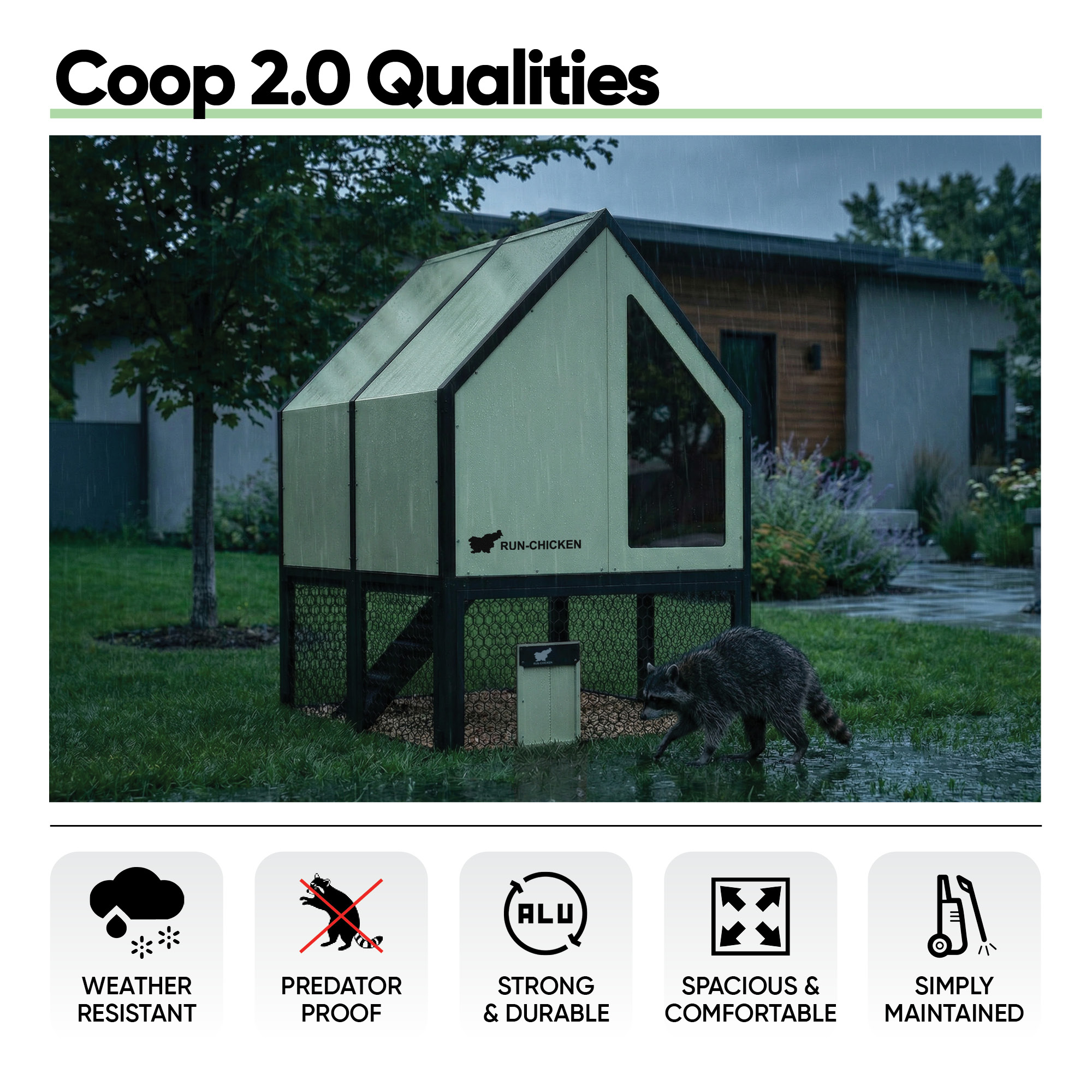 RUN-CHICKEN Coop 2.0 in a backyard during rain with a raccoon nearby, highlighting weather resistance and predator-proof design, with infographics for durability, comfort, and easy maintenance.