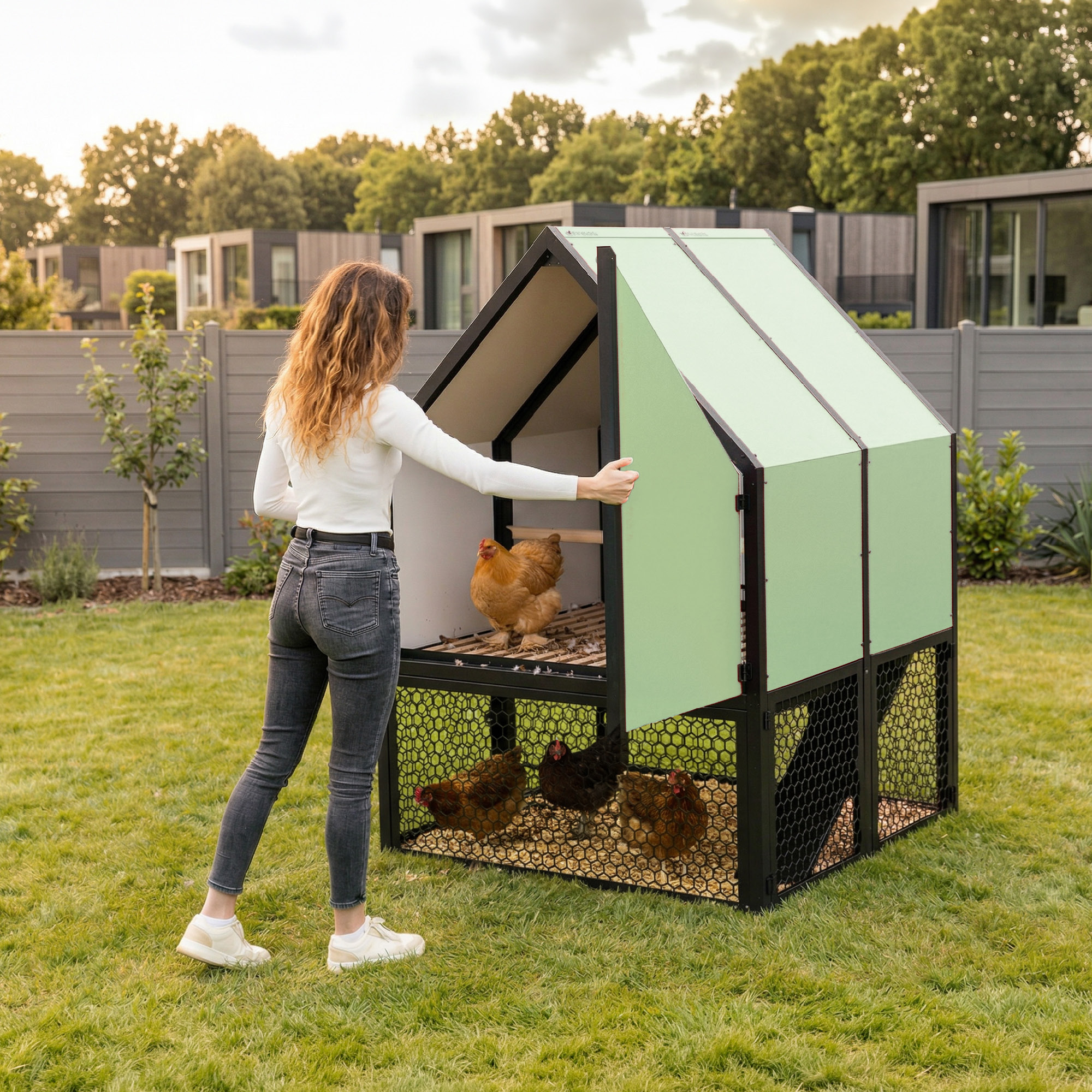 Woman opening the wing access door of the RUN-CHICKEN Coop 2.0 to access the interior of the coop, showing modern, elevated structure, slatted floor, and chickens inside and in the run area under the coop.