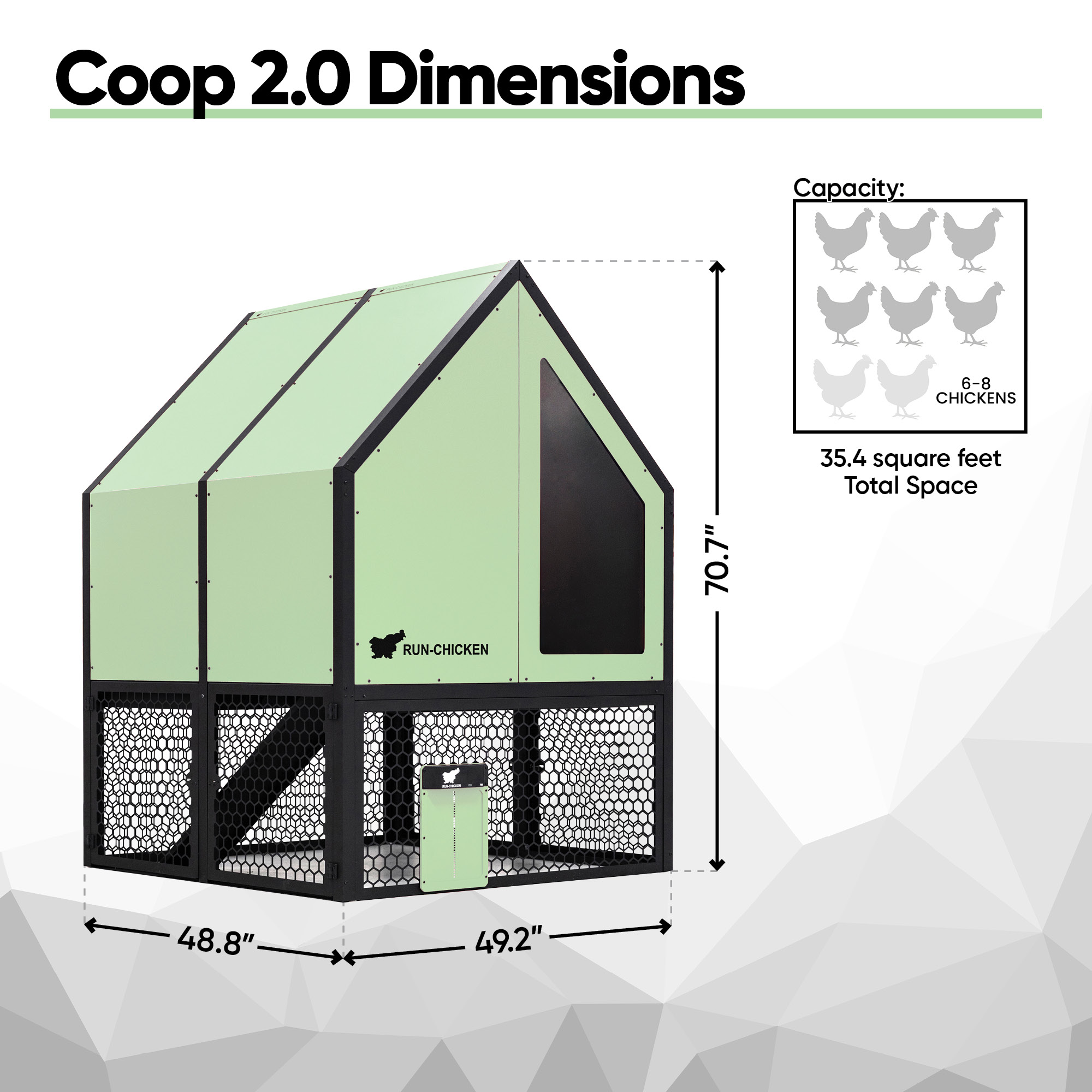 Infographic showing RUN-CHICKEN Coop 2.0 dimensions (70.7” height, 49.2” × 48.8” base) and capacity for 6–8 chickens with total space of 35.4 square feet.