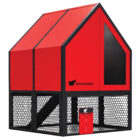 Front view of RUN-CHICKEN Coop 2.0 in red with black aluminum frame, perforated aluminum mesh run, and integrated automatic chicken door.