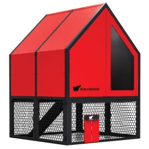Front view of RUN-CHICKEN Coop 2.0 in red with black aluminum frame, perforated aluminum mesh run, and integrated automatic chicken door.