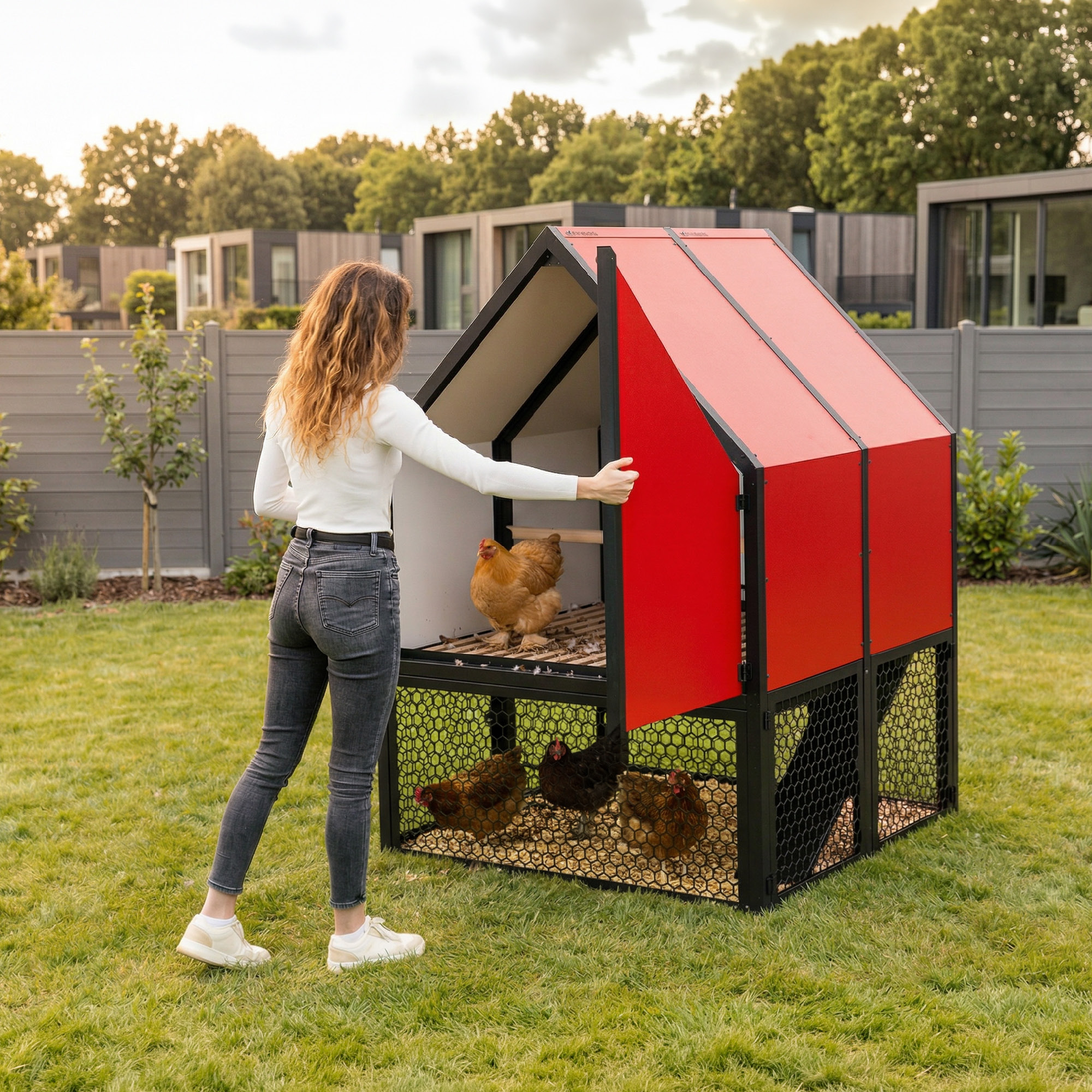 Woman opening the wing access door of the RUN-CHICKEN Coop 2.0 to access the interior of the coop, showing modern, elevated structure, slatted floor, and chickens inside and in the run area under the coop.