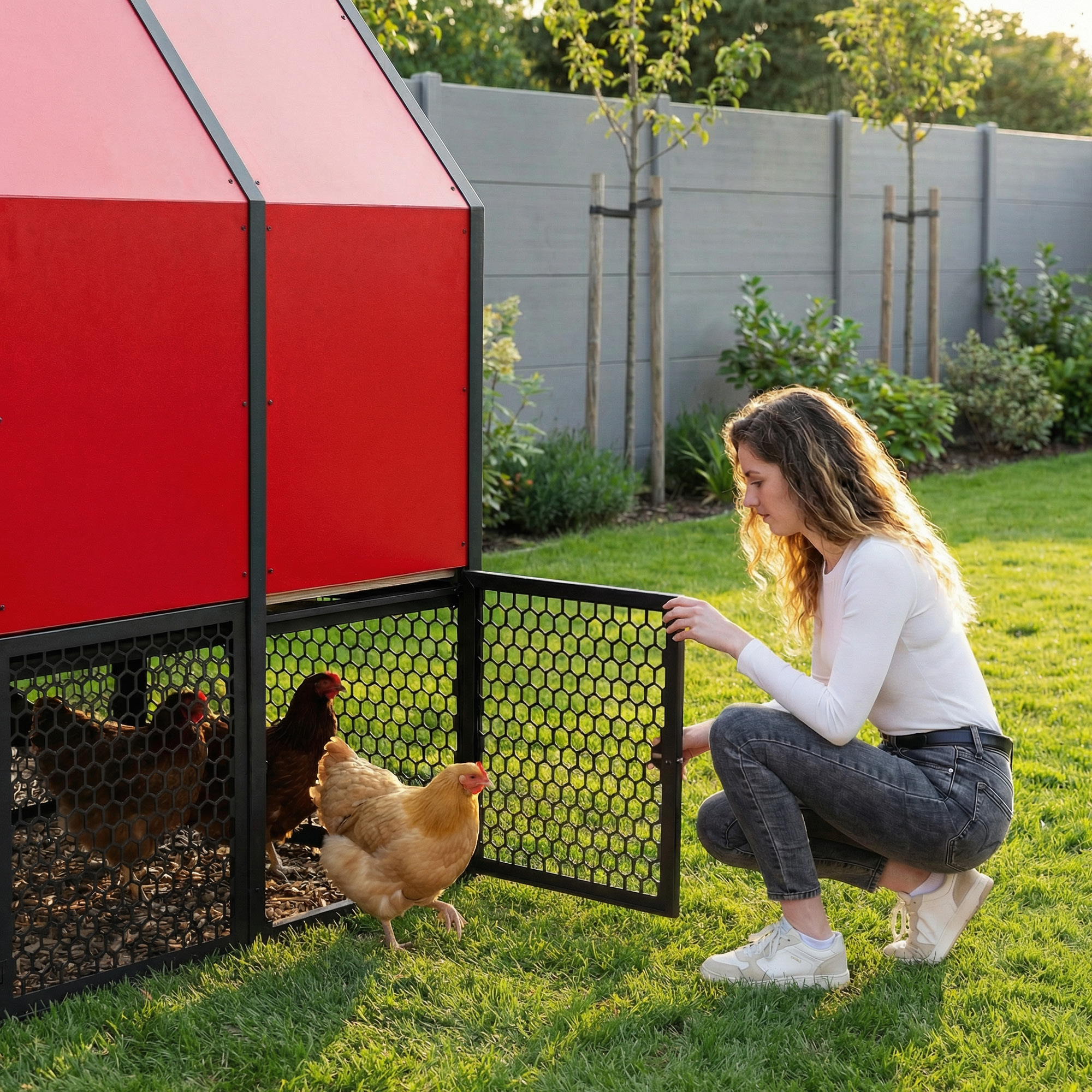 Woman opening the perforated aluminum mesh run door of the red RUN-CHICKEN Coop 2.0 as chickens step out onto grass in a modern backyard setting.