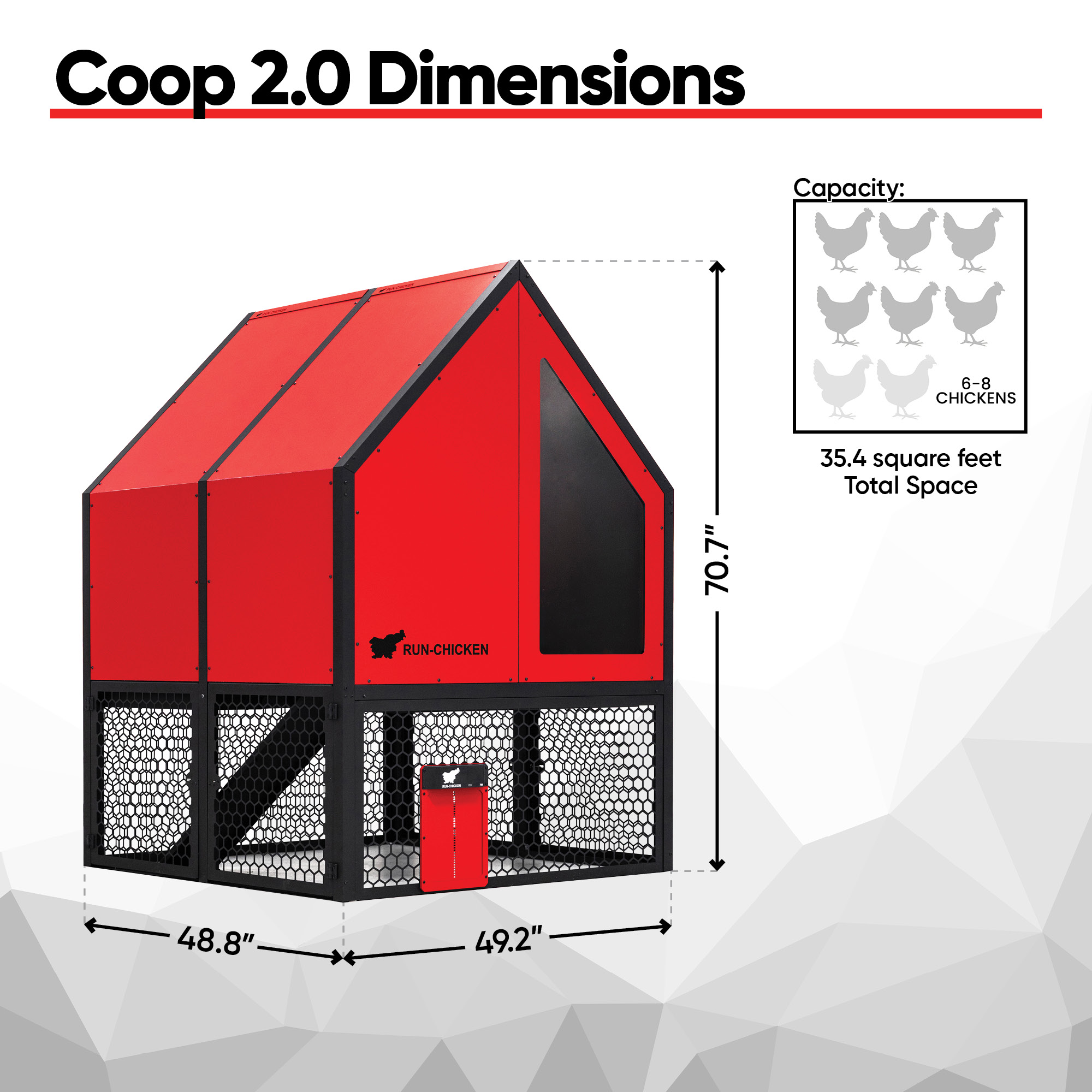 Infographic showing RUN-CHICKEN Coop 2.0 dimensions (70.7” height, 49.2” × 48.8” base) and capacity for 6–8 chickens with total space of 35.4 square feet.